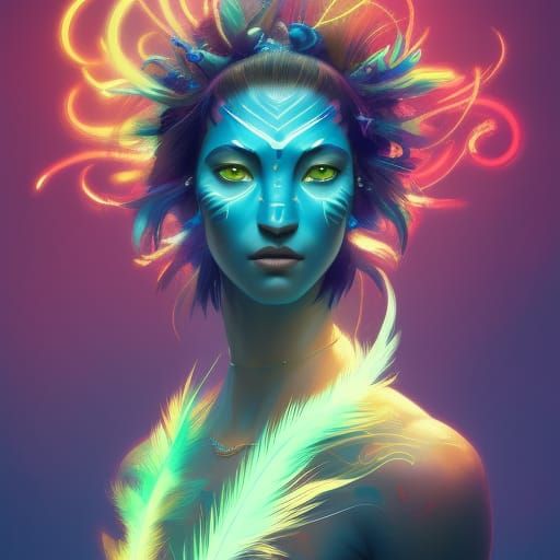 Avatar Navi Portrait with Neon Lights in Art Nouveau Style
