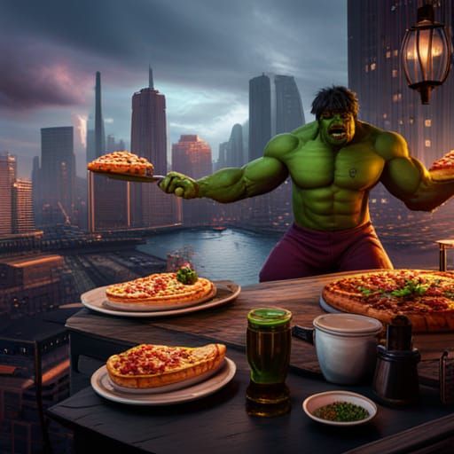 Incredible Hulk Eating Pizza, Detailed Matte Painting