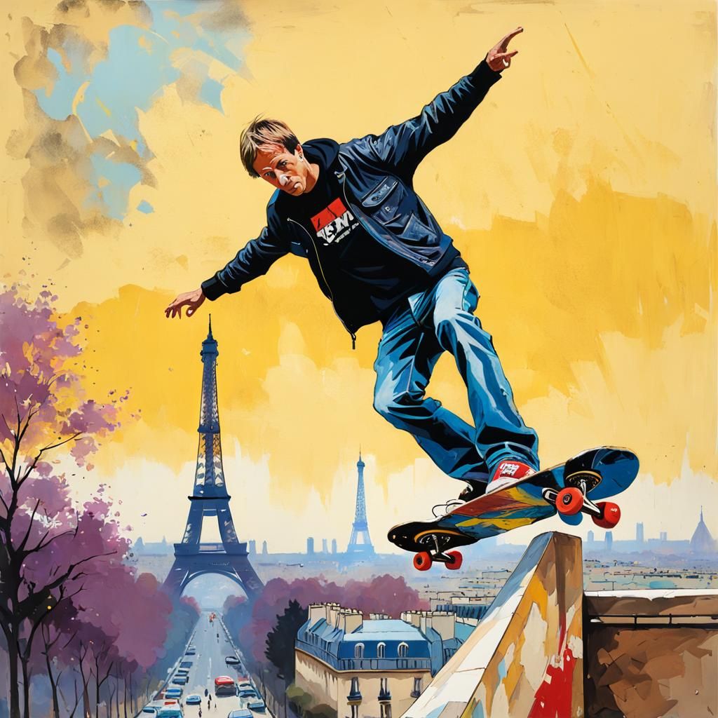 Tony Hawk Kickflip at Eiffel Tower in Gouache Style