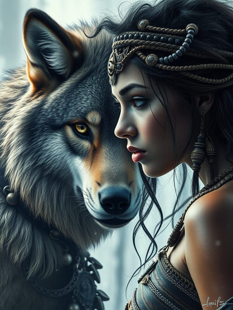 Amazonian Warrior and Wolf Merge in Stunning Double Exposure