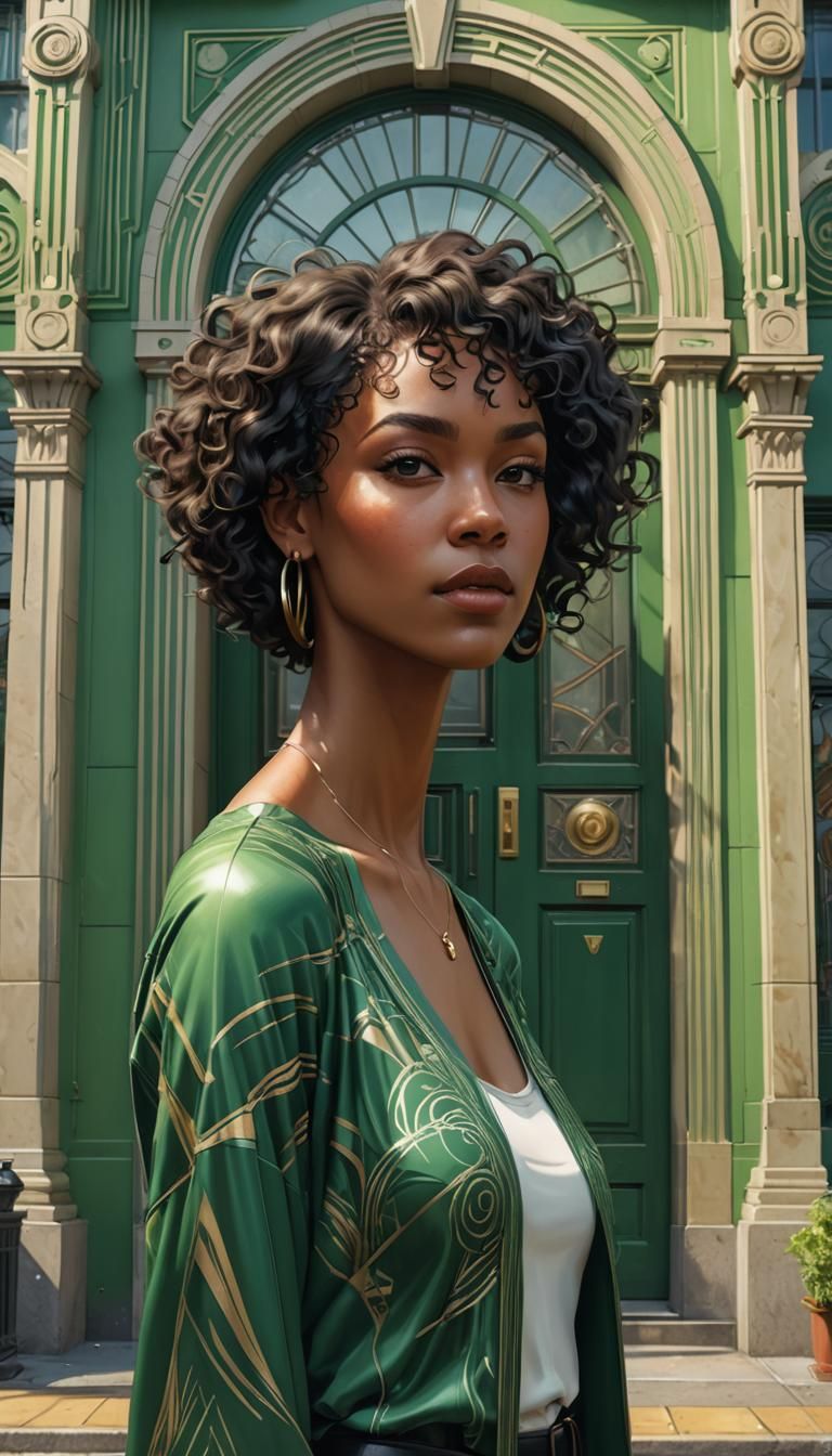 Black Woman in Front of Art Deco Building