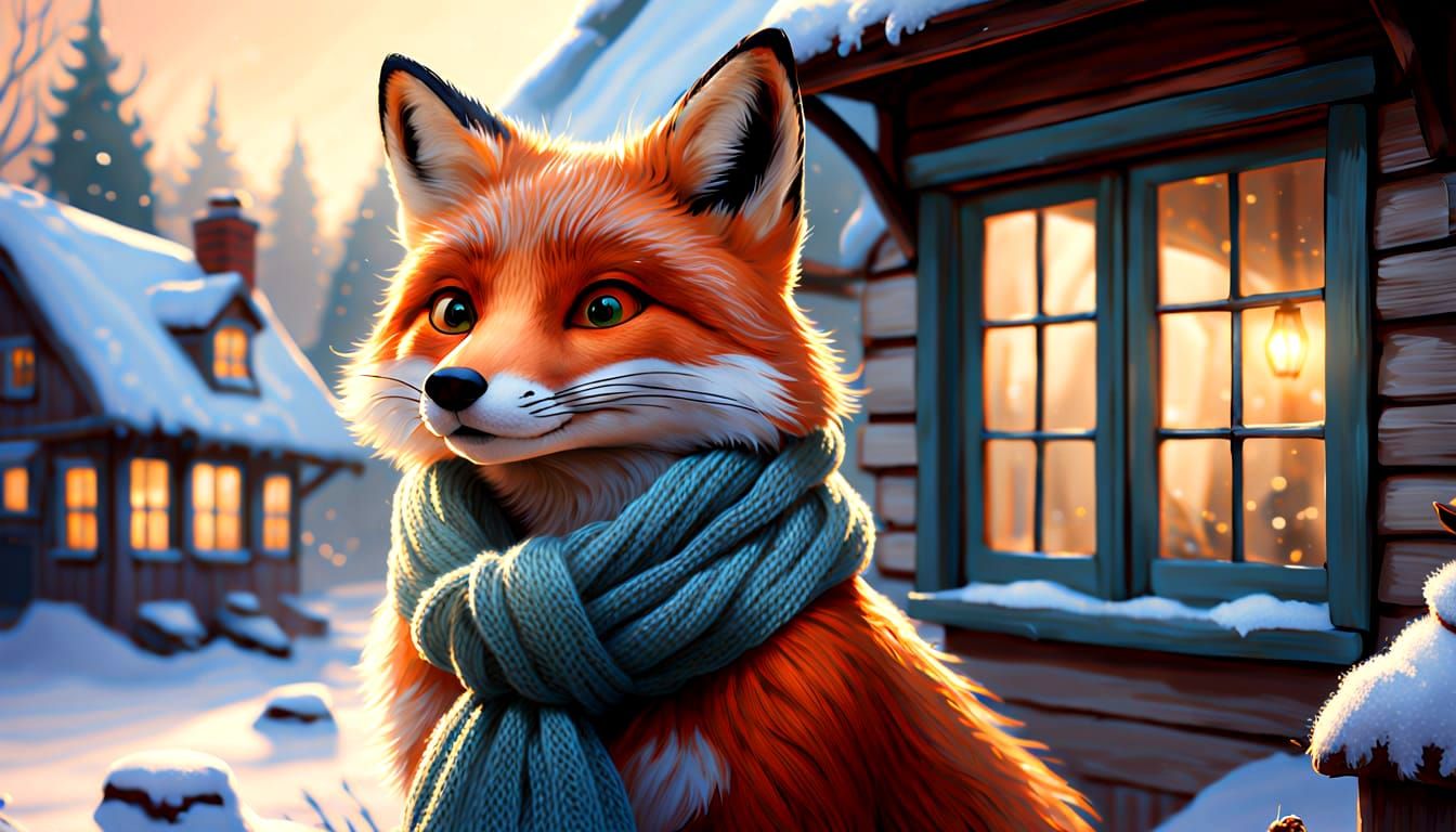 Whimsical Fox in Winter Cottage, Painterly Concept Art