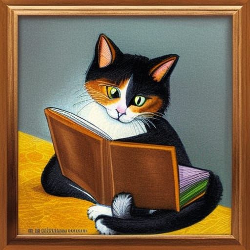 Cat Reading a Book Illustration