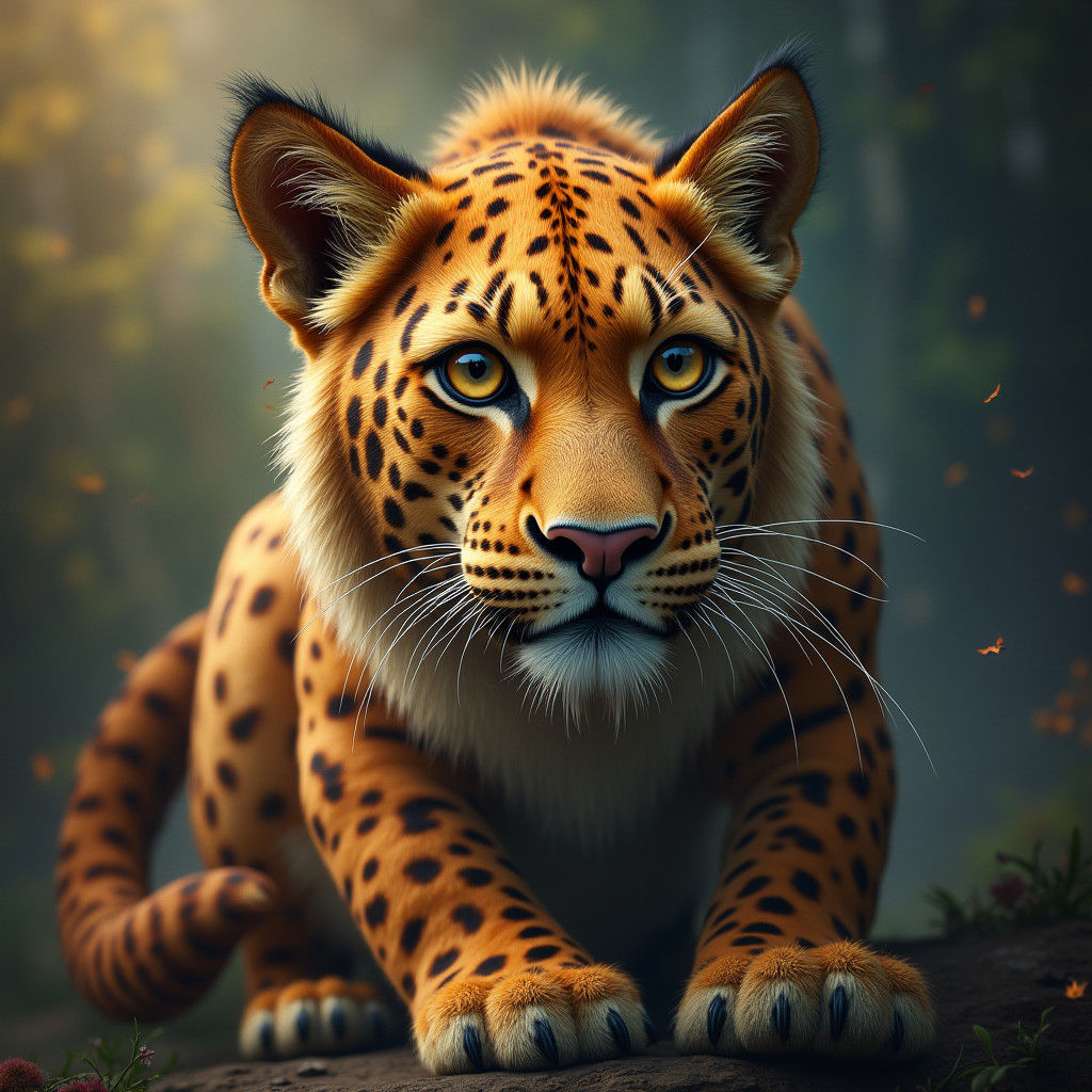 Mythical Lion Leopard Hybrid in Fantasy Landscape