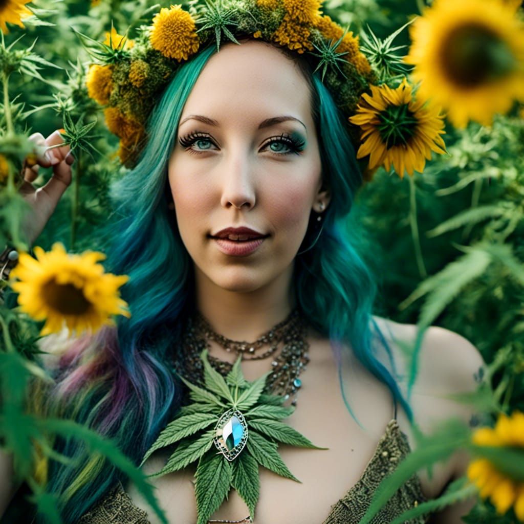 Boho Wiccan with Magical Gem in Marijuana Field