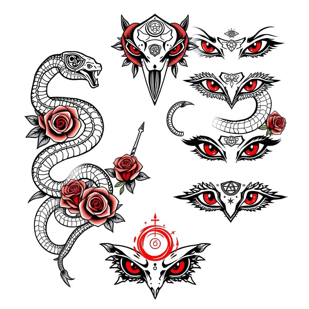 Mystical Snakes, Roses, and Eyes Tattoo Design