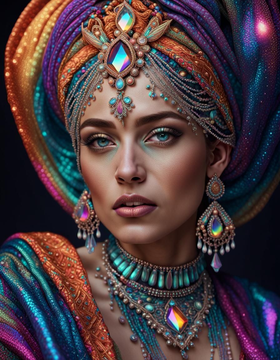 Woman in Iridescent Garments: Hyperrealistic Digital Portrai...