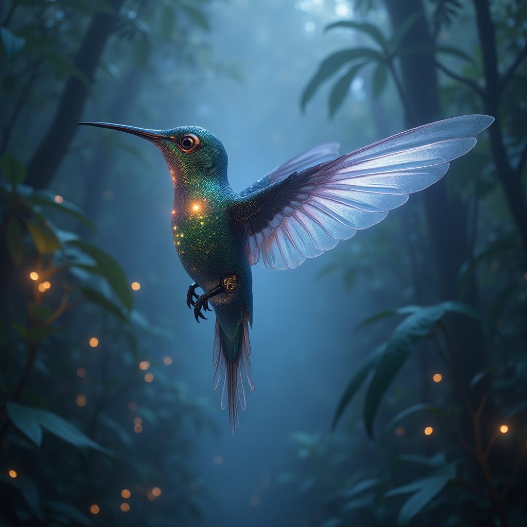 Cybernetic Bioluminescent Hummingbird in a Luminous Jungle