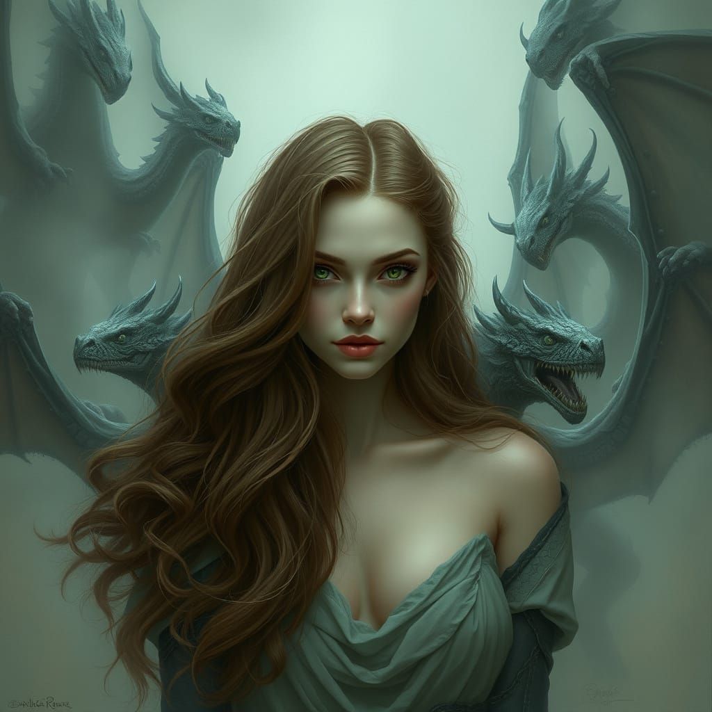 Woman and Dragons in Dark Fantasy Landscape