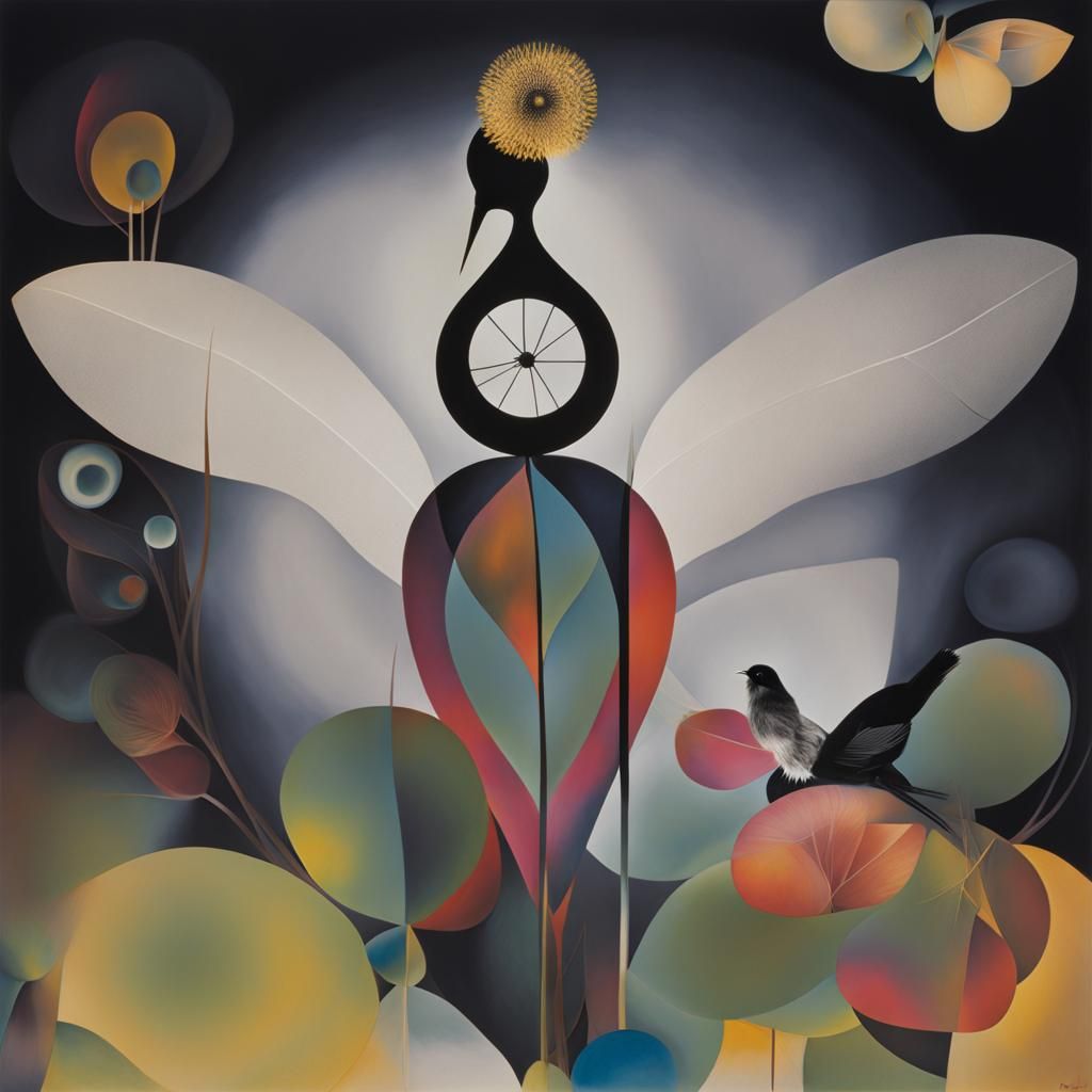 Surreal Black Bird Photogram in Dandelion Dreamscape