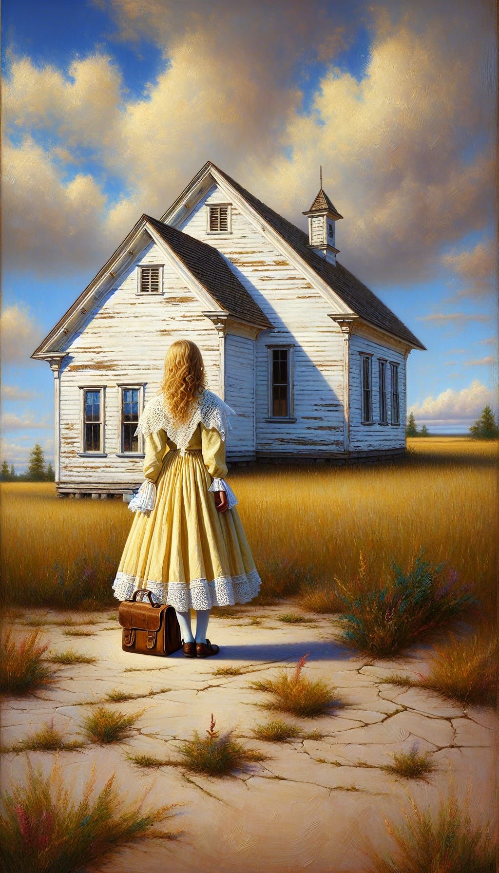 Nostalgic Oil Painting of Prairie Schoolhouse