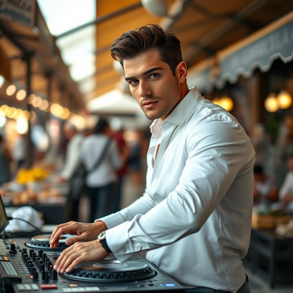 Italian DJ in Lively Market Setting
