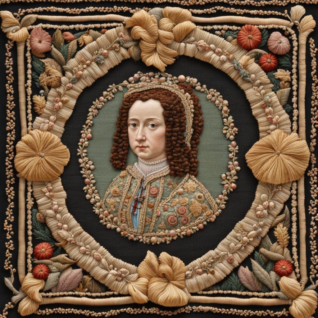 Heavily embroidered stumpwork picture of Seventeenth Century Queen Catherine of Braganza