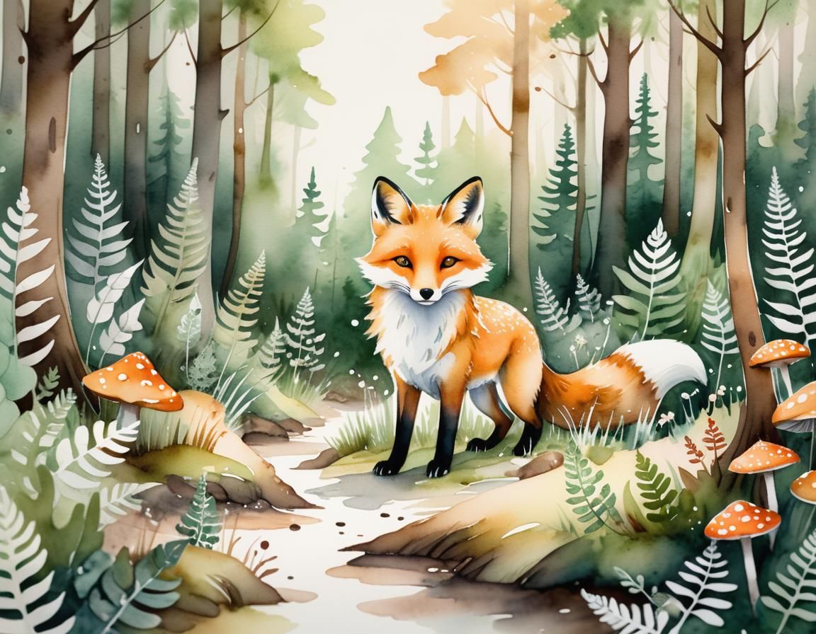 Whimsical Fox in Watercolor Woodland Illustration