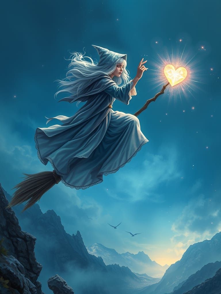 Swooping Silver Witch Unleashes Radiant Heart-Shaped Star