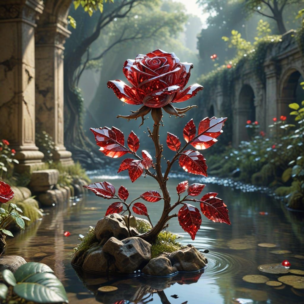 Sparkling Swarovski Crystal Rose Over Garden Stream