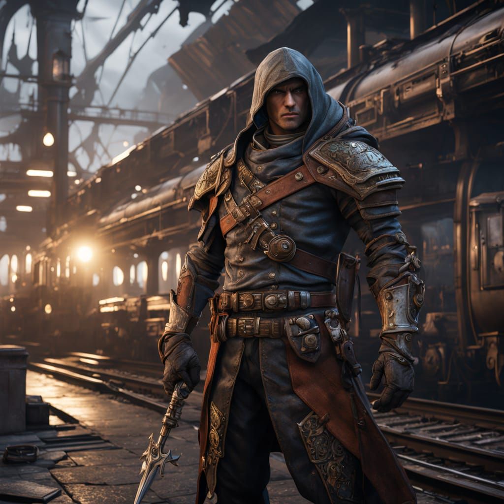 Steampunk Elf Assassin in Oil Painting Style