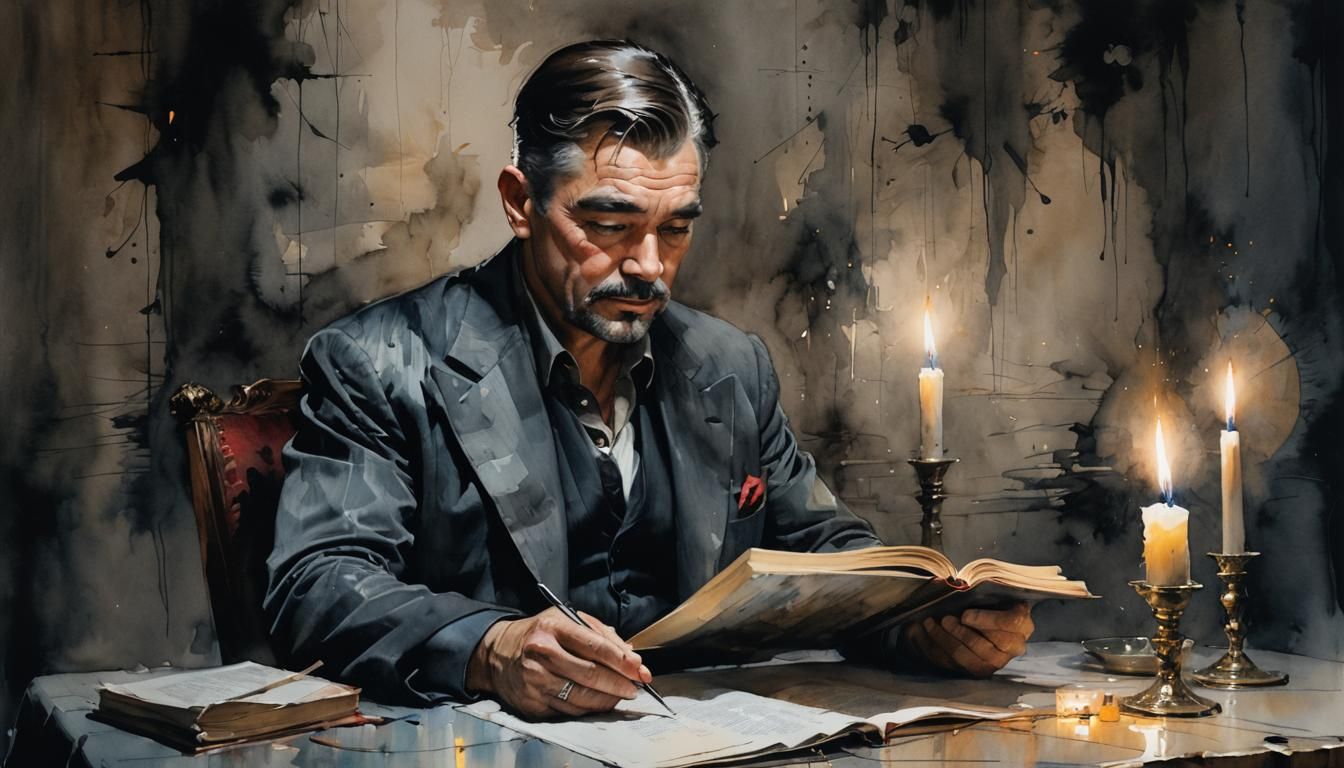Clark Gable Reading in Dark Room, Alcohol Ink Art