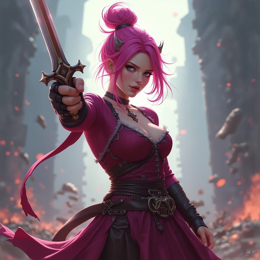 Warrior Girl with Pink Hair Holds Sword Boldly