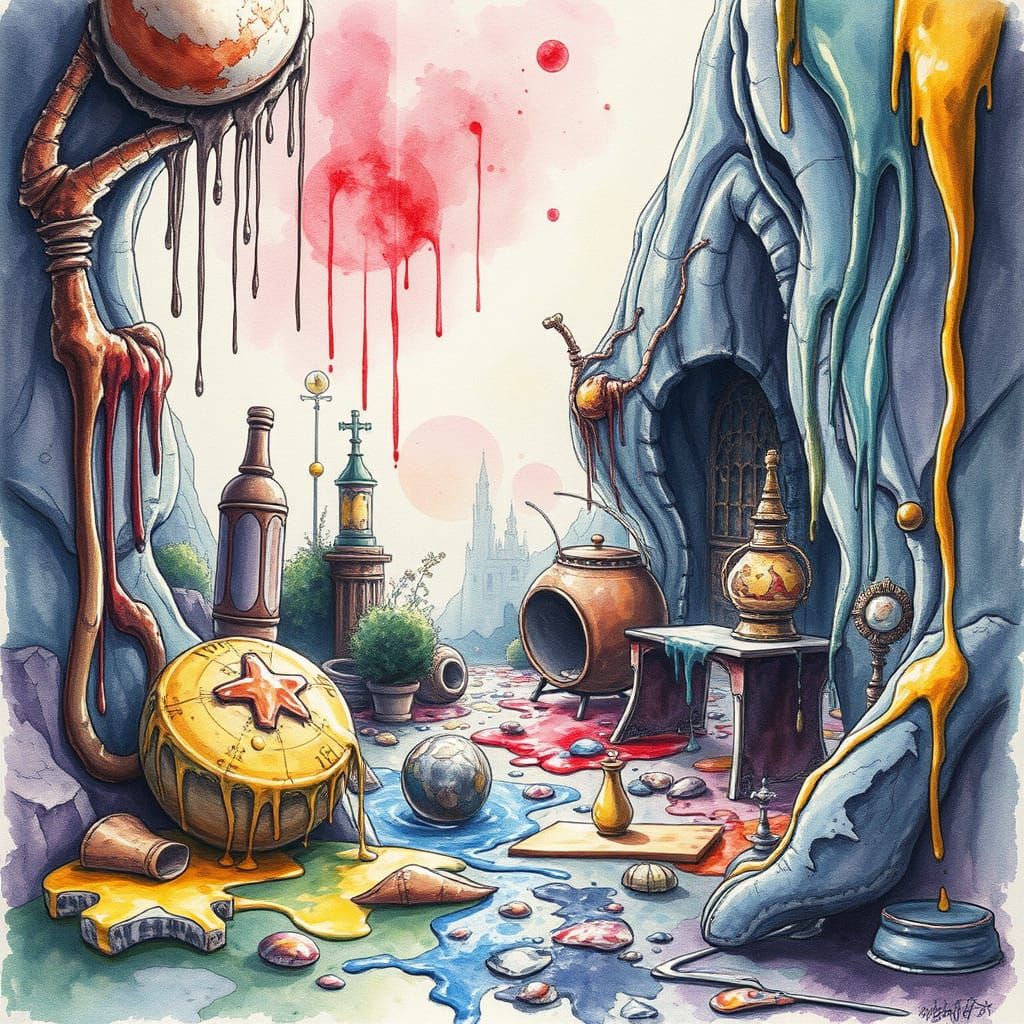 Dripping Colors Fantasy Landscape in Watercolor Style