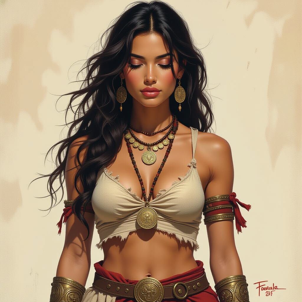 Fantasy Warrior Woman in Pencil Sketch Style