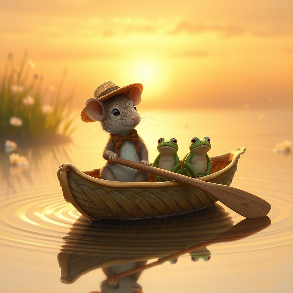 Whimsical Mouse in Leaf Boat, Rowing Across Tranquil Pond