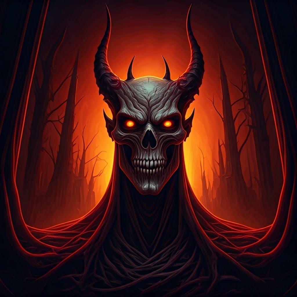 Ethereal Horror Figure Emerge from Fiery Trees