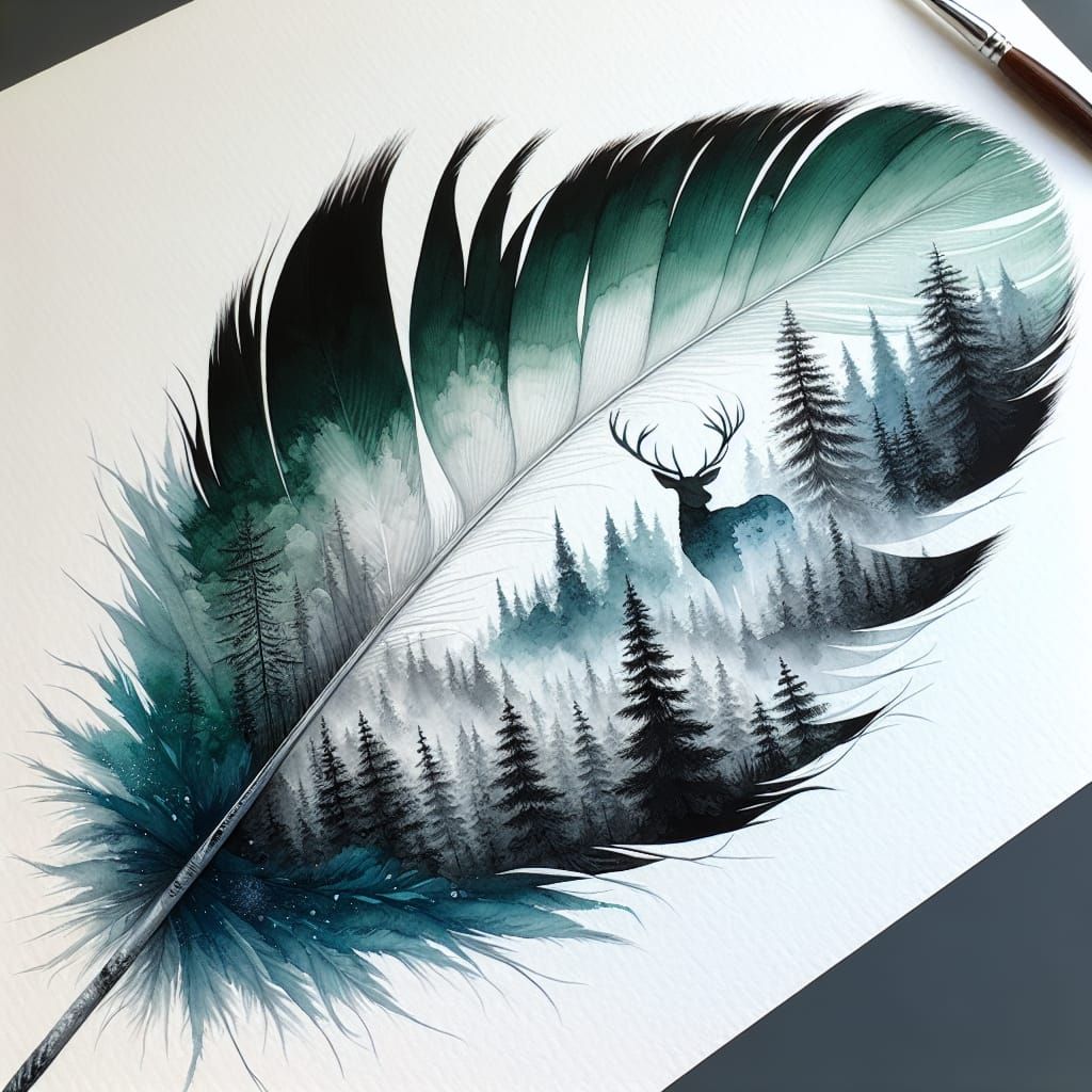 Watercolor Forest Painting on Feather