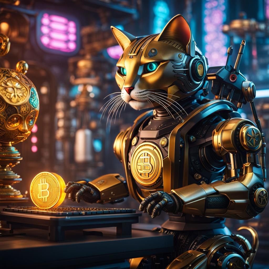 Futuristic AI Robot Crypto Research with Lucky Cat