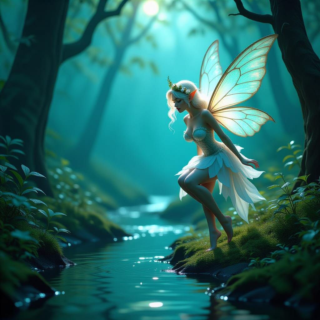 Ethereal Fairy Beside Gentle Stream in Surreal Forest