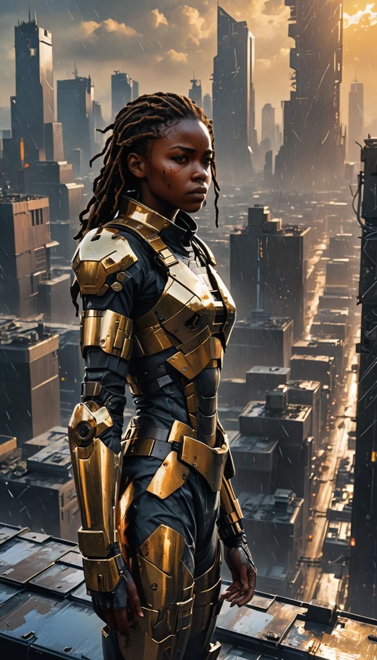 Girl in Metal Gear Armour on Futuristic Rooftop