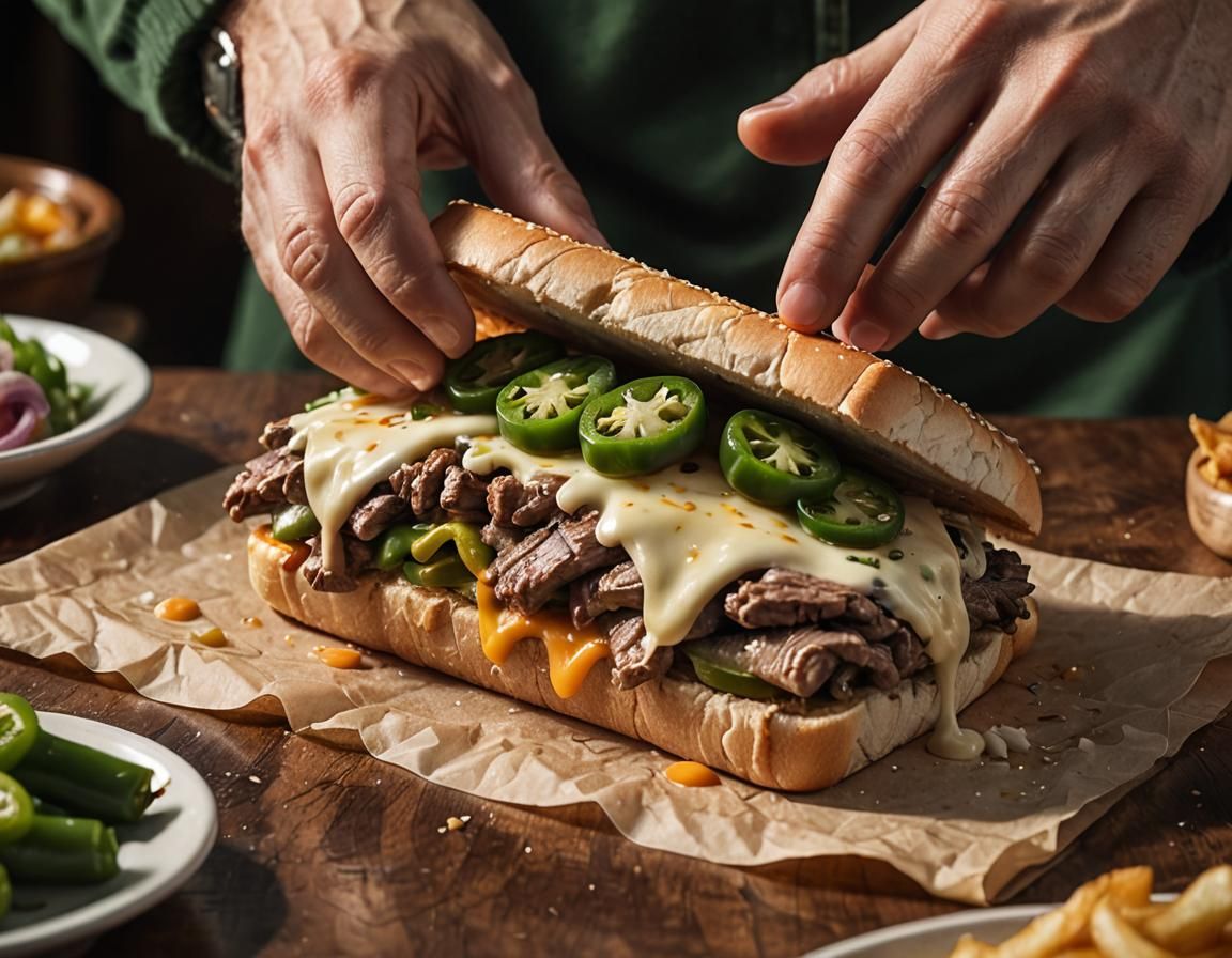 Hyperrealistic Philly Cheesesteak Sandwich Close-Up