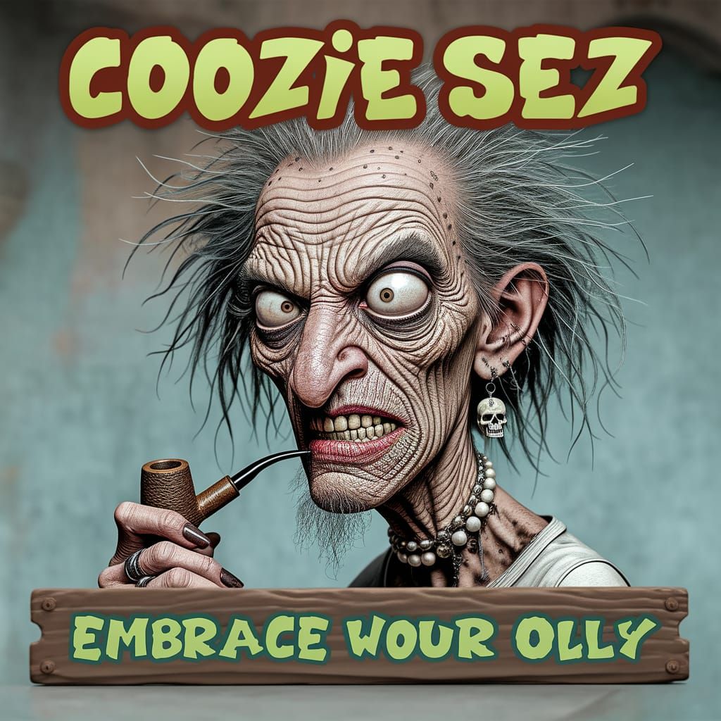 Grungy Cartoon Witch with Neon Text in R. Crumb Style