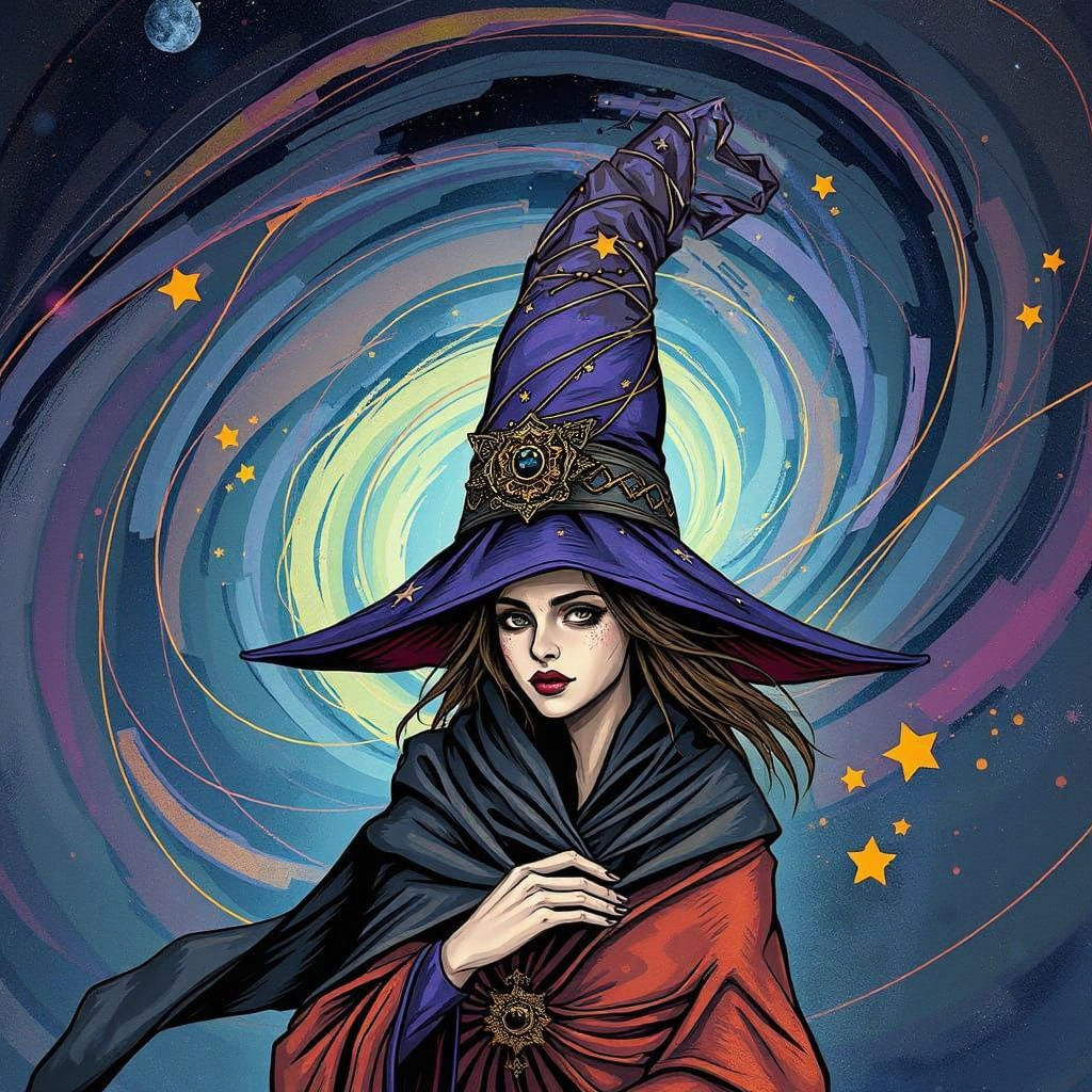Witch with Star-Adorned Hat on Galactic Journey