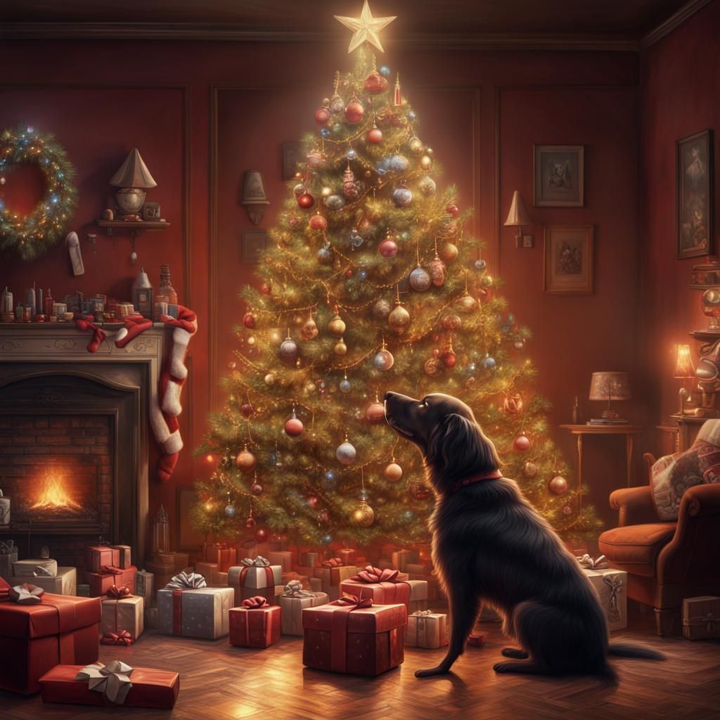 Christmas Tree, Presents, and Dog: Epic Digital Painting