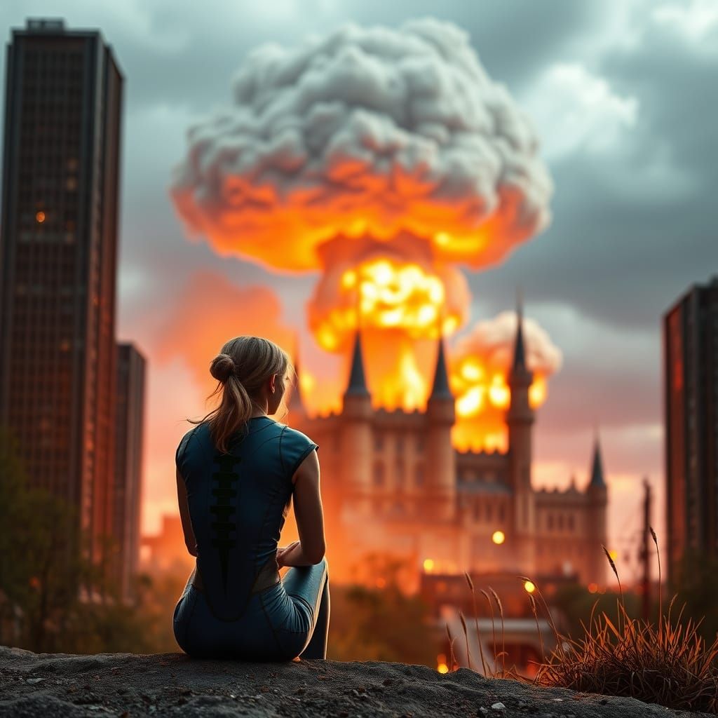 Castle Destroyed by Nuclear Blast in Apocalyptic Landscape