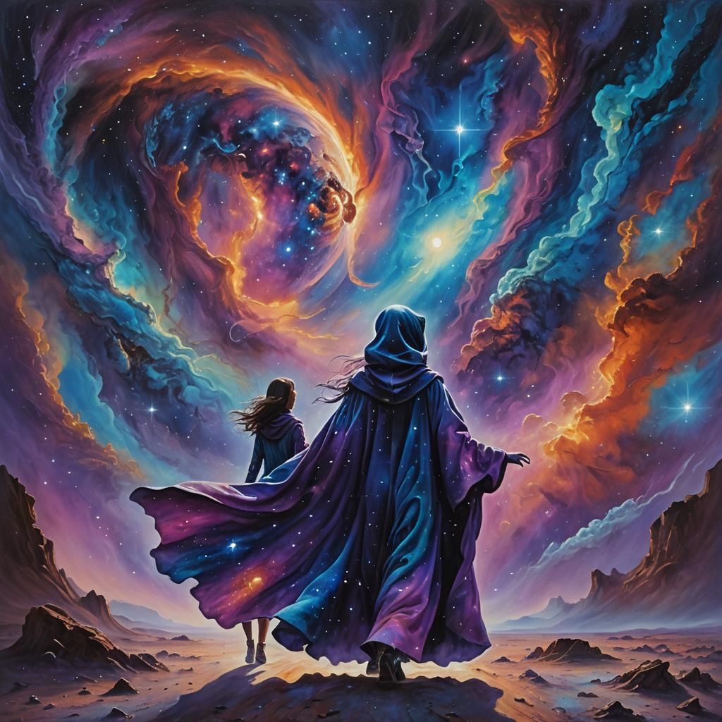 Alien and Woman in Nebula: Surreal Oil Painting