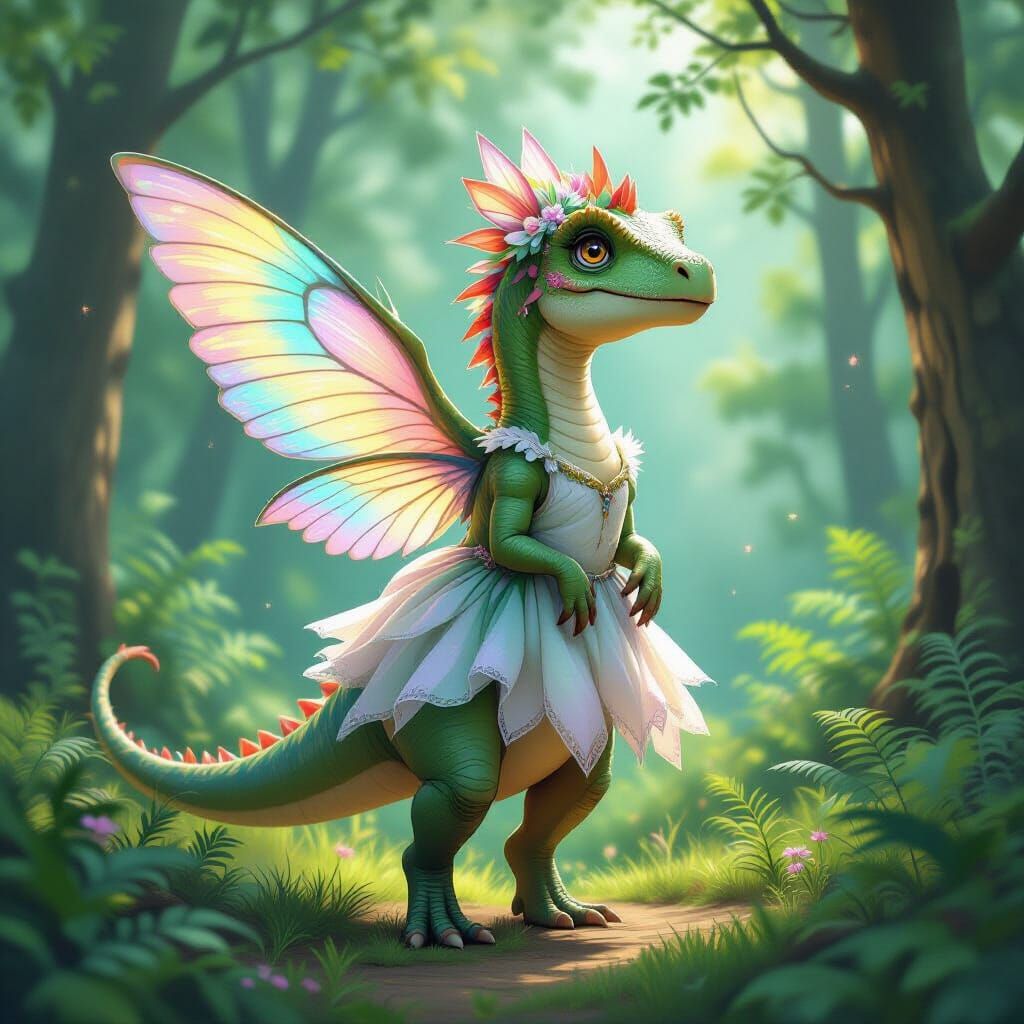 Dinosaur Fairy in Lush Forest, Whimsical Art