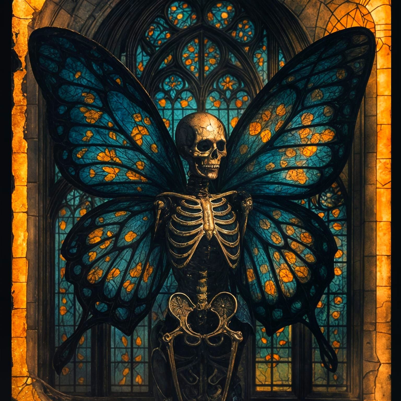 Stained Glass Skeleton Butterfly in Gothic Cathedral