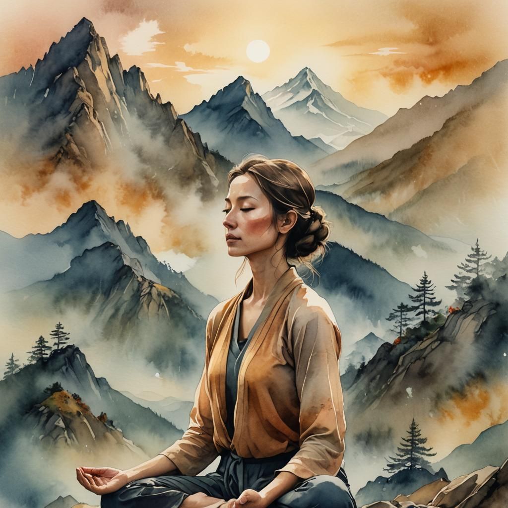 Meditating Woman in Misty Mountains: Watercolor Art