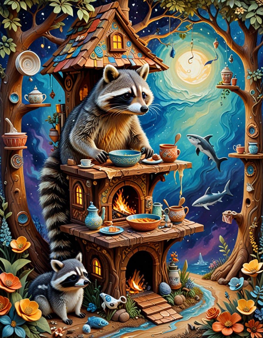 Raccoon Hosts Surreal Cooking Show in Textured Oil Painting