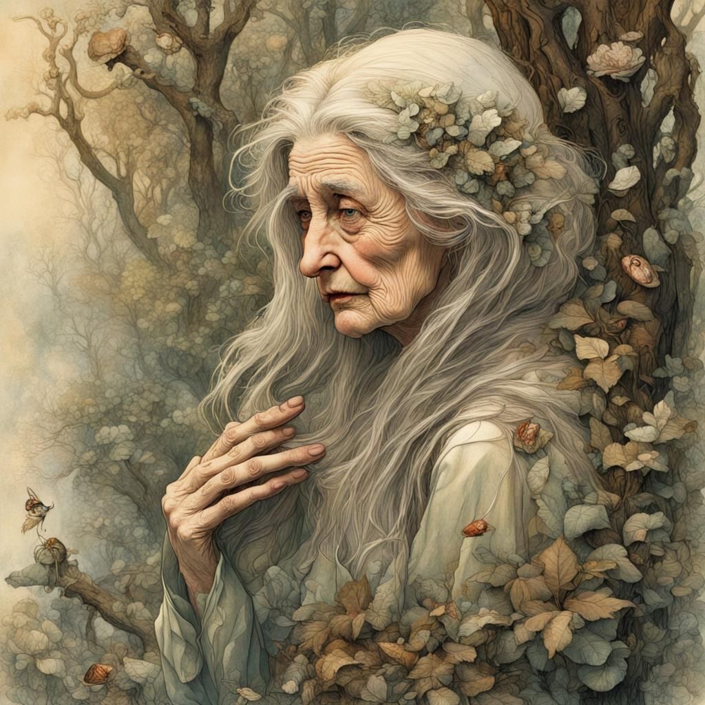 Confused Elderly Woman Portrait in Pre-Raphaelite Style