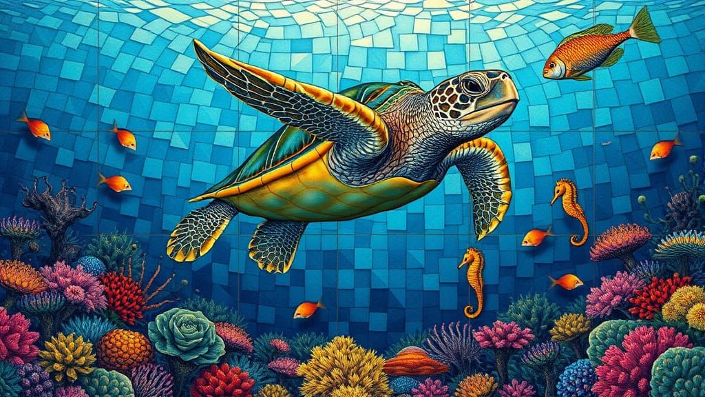 Underwater Reef Landscape in Patchwork Tile Style