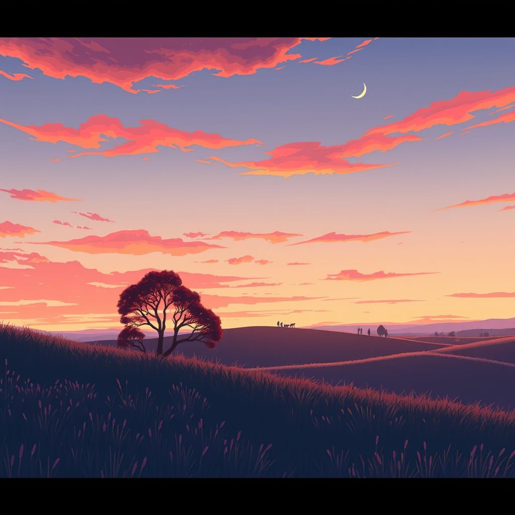 Anime Sunset with a Gentle Crescent Moon