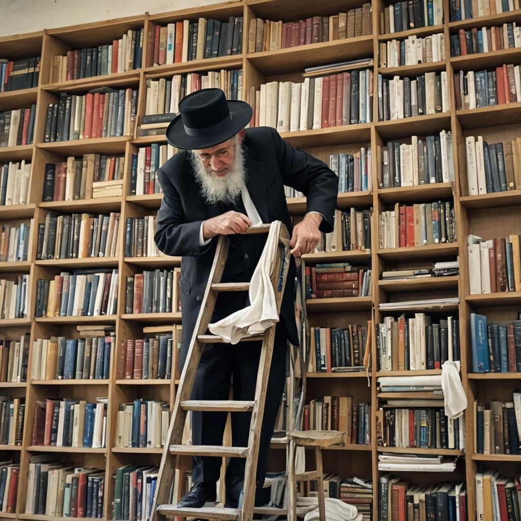 Elderly Man Cleans Bookcase on Ladder