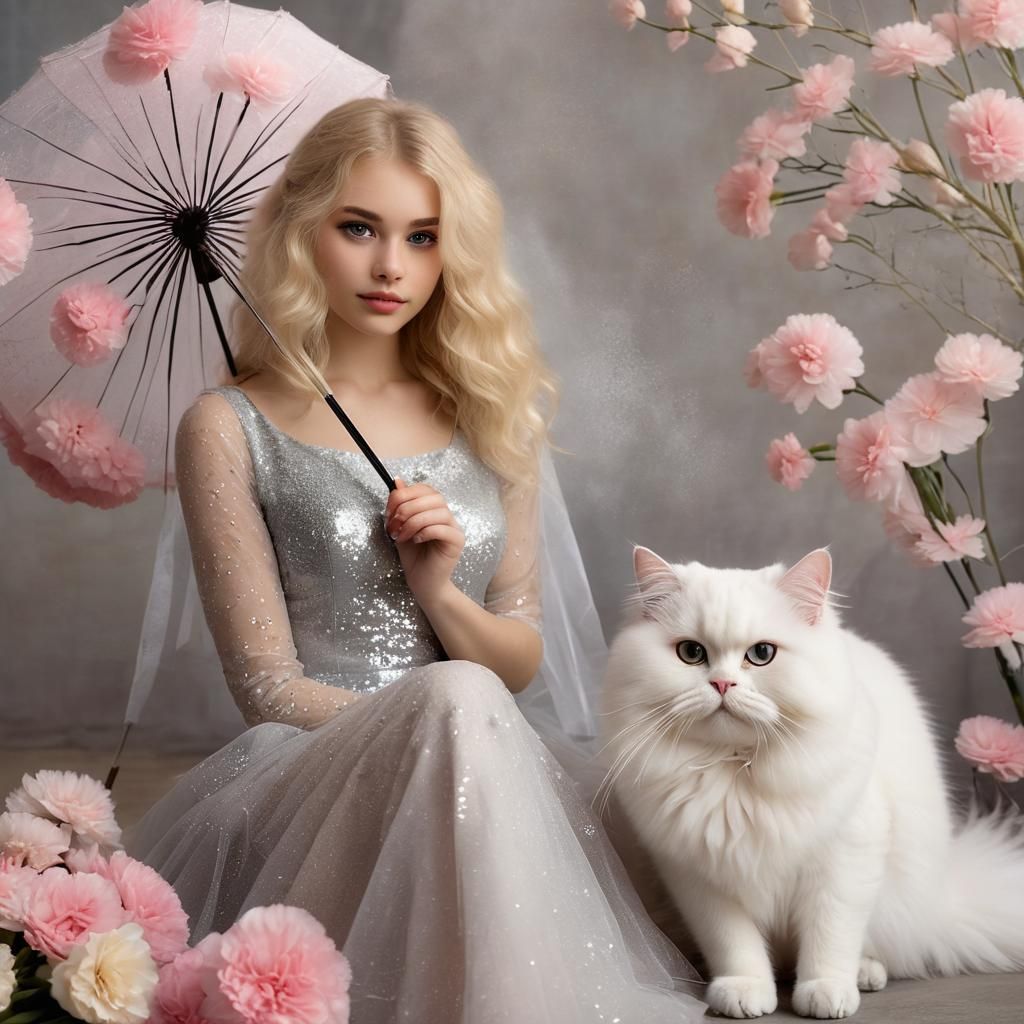Ethereal Woman with Cat and Carnation Umbrella
