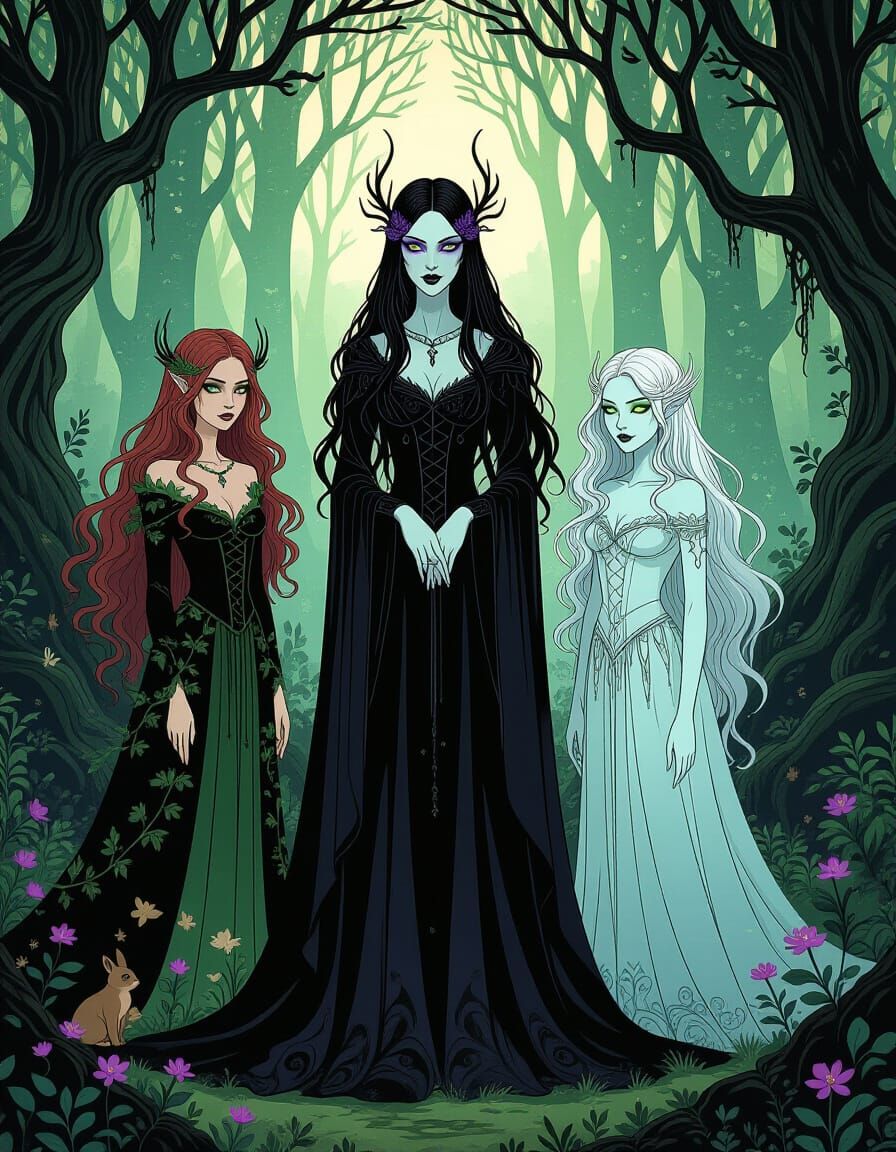 Gothic Fantasy Sisters in Mystical Forest