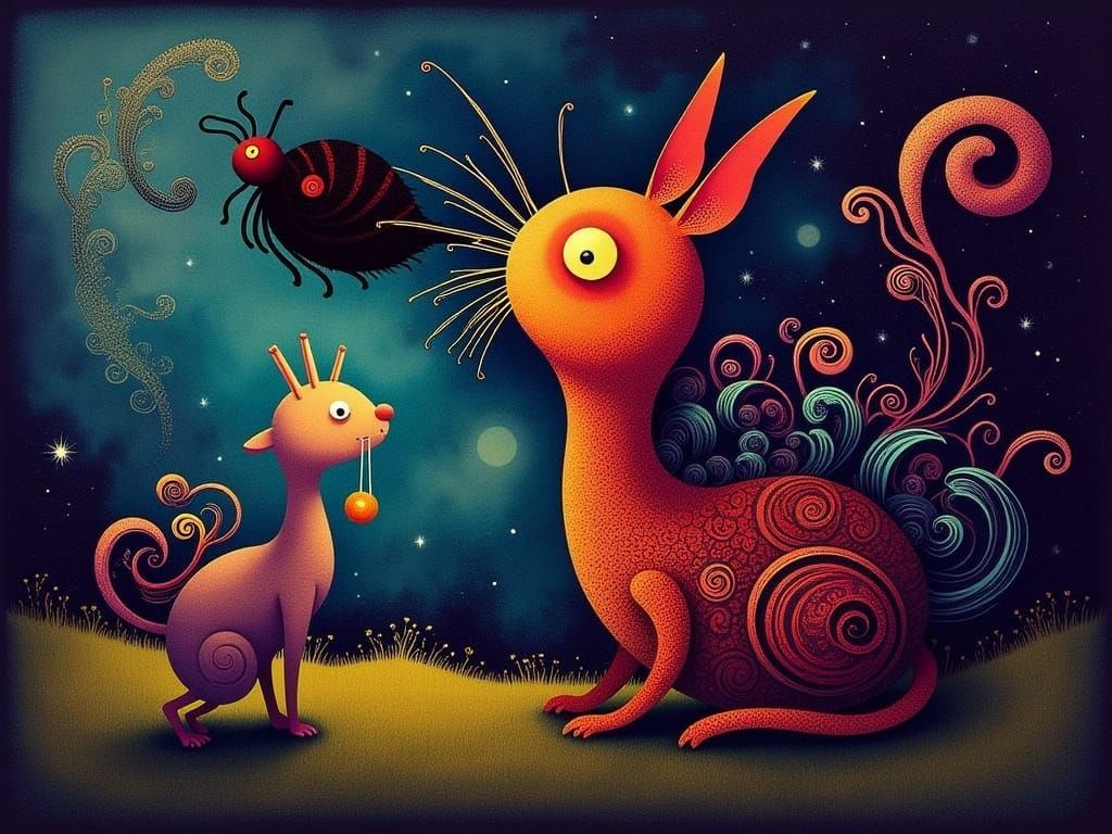 Whimsical Cat Devours Cicada in Vibrant, Swirling Patterns