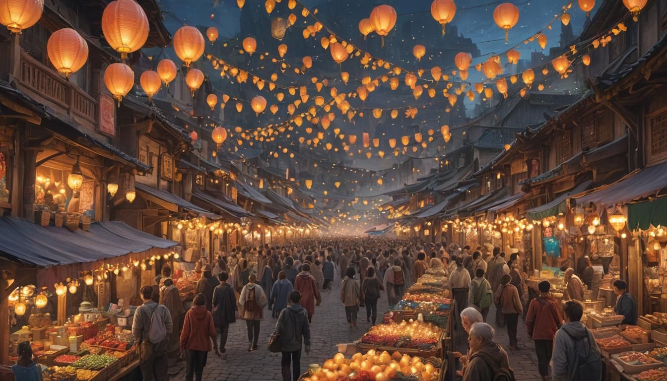 Ethereal Fantasy Market Scene at Night