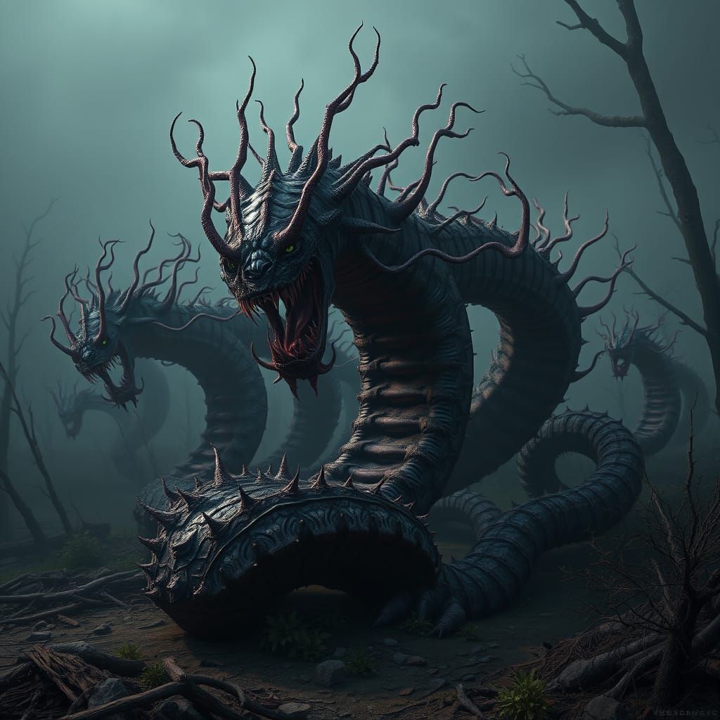 Nightmarish Serpentine Horrors in Eerie Landscape